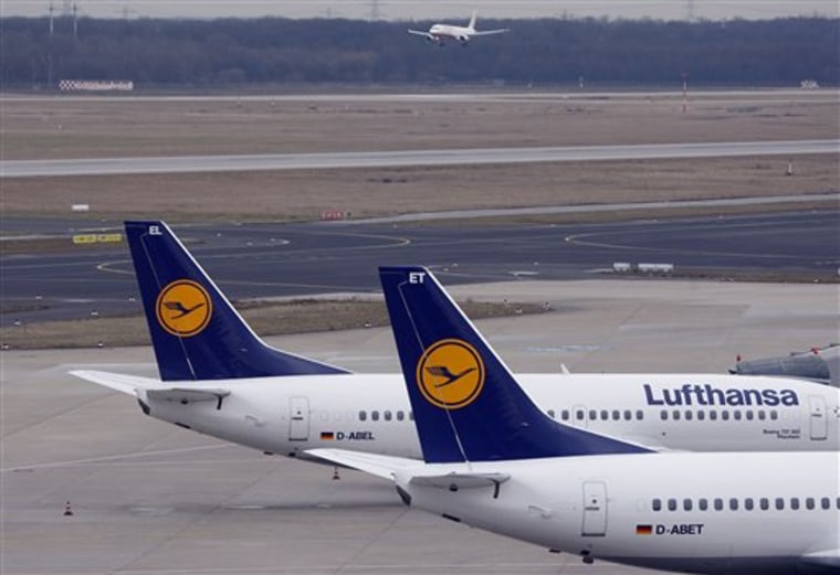 Lufthansa airplanes are seen on the ground during a strike of Lufthansa pilots in Duesseldorf, western Germany, on Feb 22.